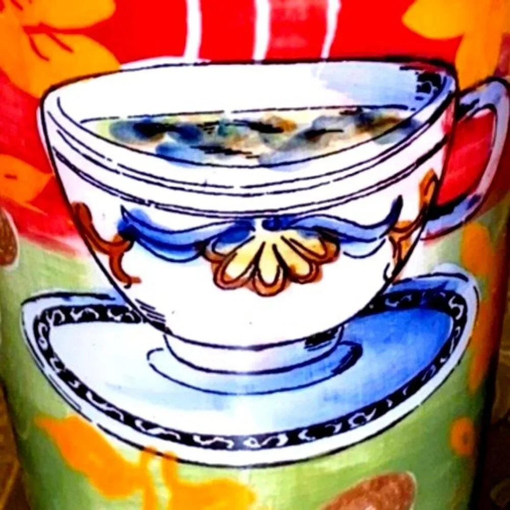 Espresso Hand Painted Floral Cafe Art Tumbler Mug Warm Cottage Kitchen Decor Red - Picture 3 of 10